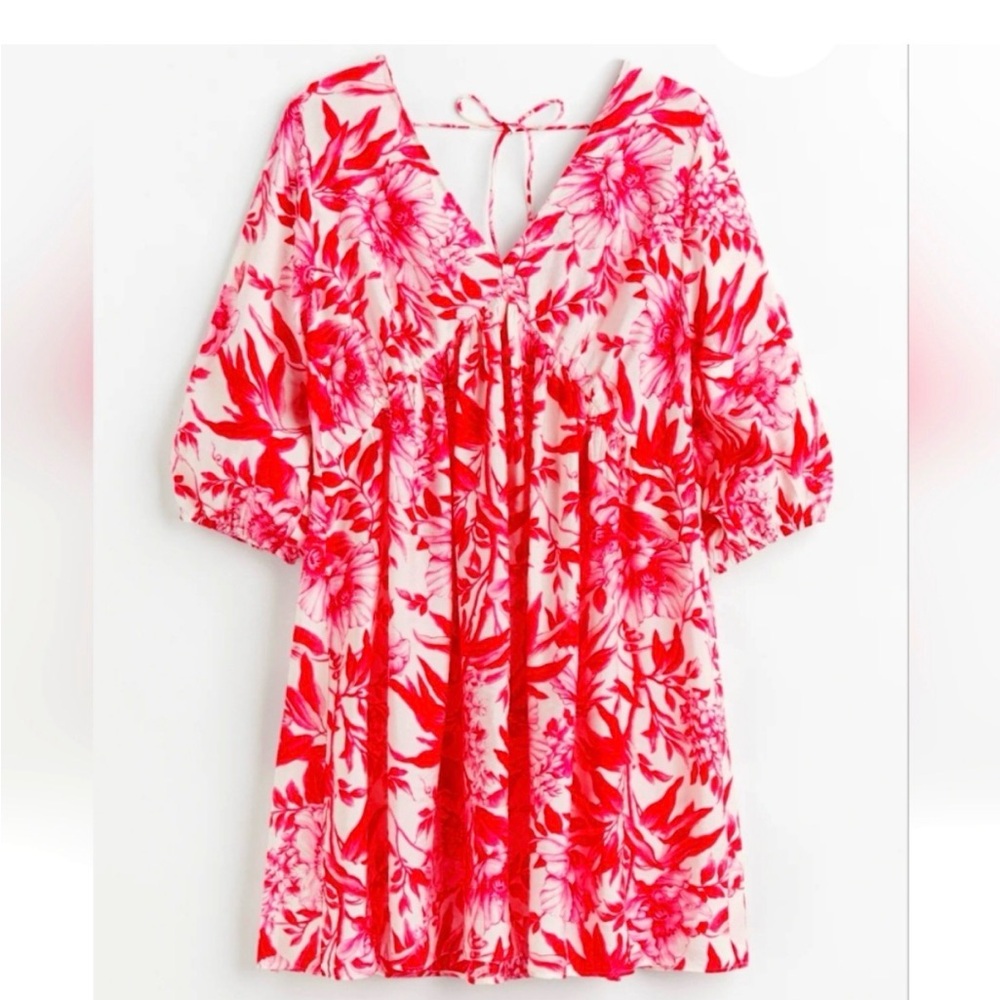 H&M Red and Pink Floral V‑Neck Tie-Back Midi Dress